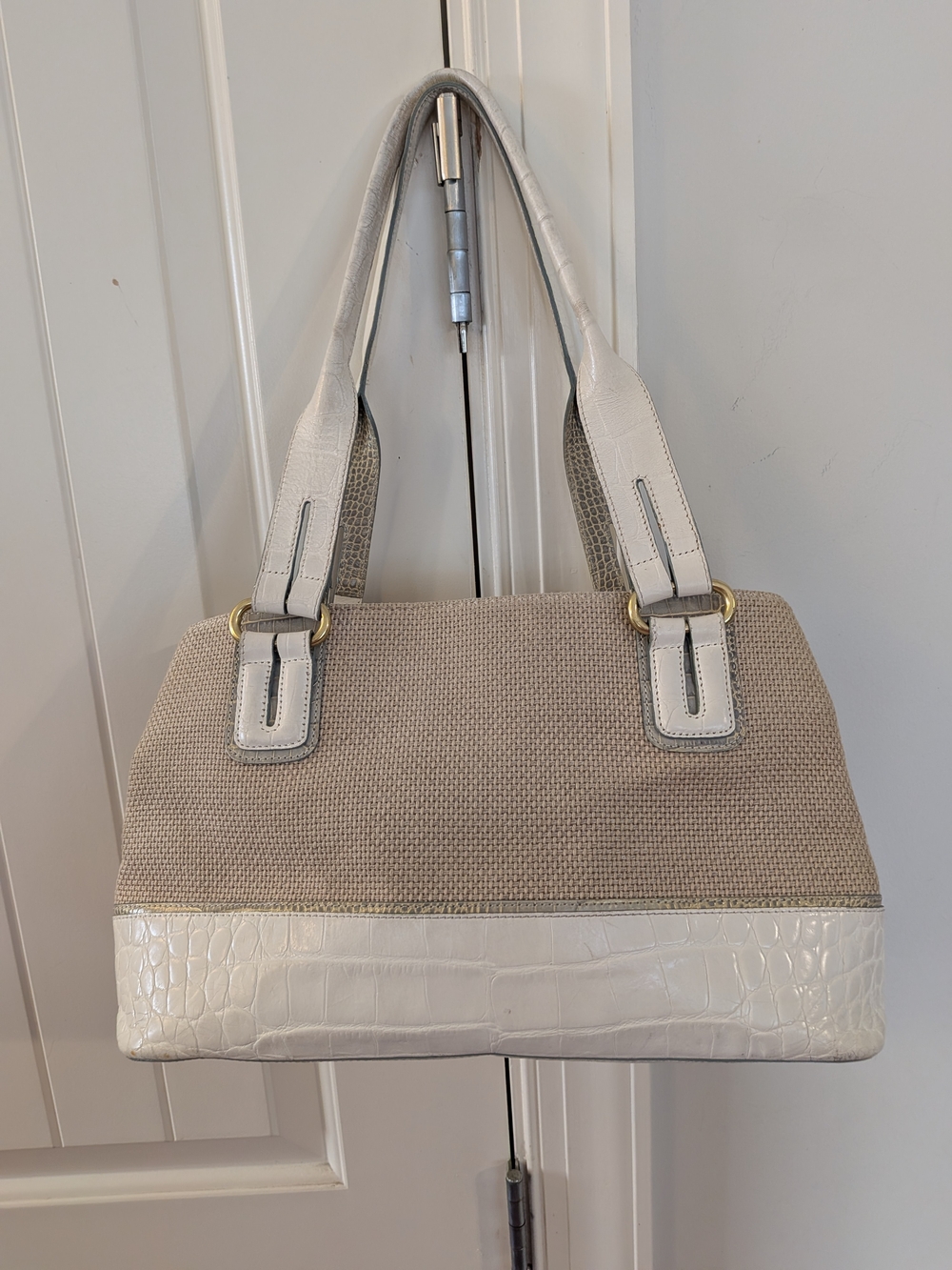 Brahmin Cream Beige Woven Croc Embossed Leather Shoulder Bag
